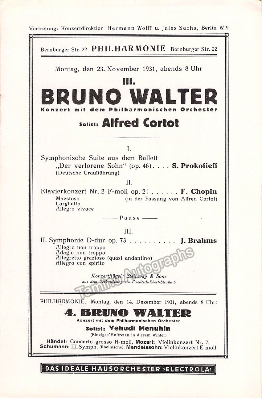 Cortot, Alfred - Concert Program Berlin Philharmonic 1931 - Bruno Walter