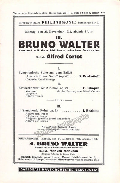 Cortot, Alfred - Concert Program Berlin Philharmonic 1931 - Bruno Walter