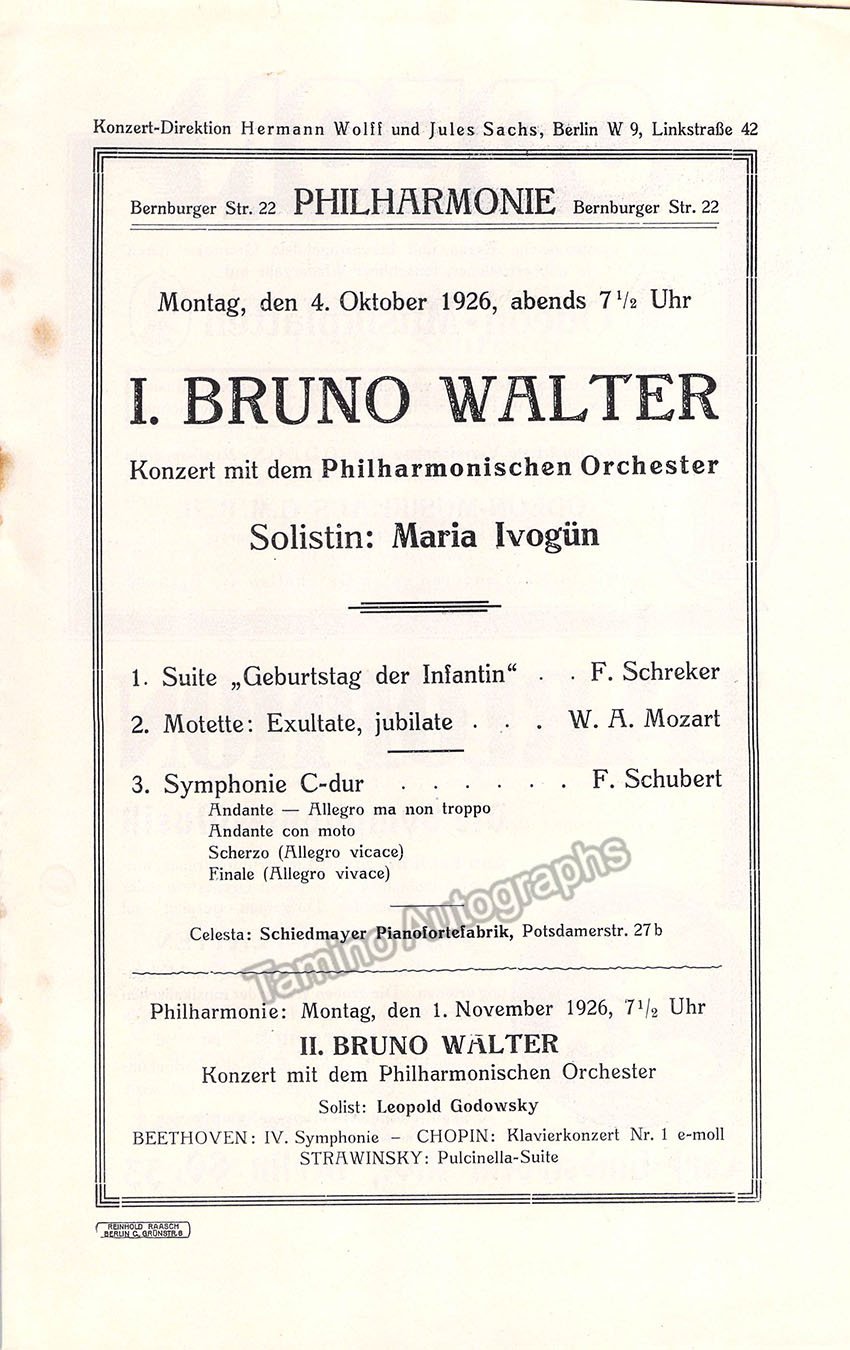 Walter, Bruno - Program Lot Berlin 1926-1928 – Tamino