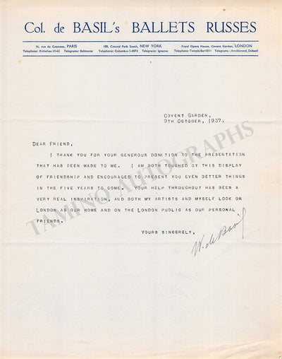 De Basil, Wassily - Typed Letter Signed 1937