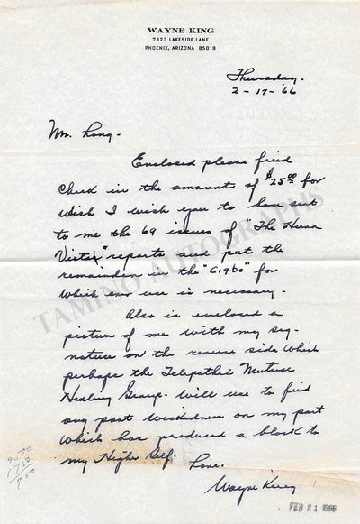 King, Wayne - Autograph Letter Signed & Signed Photograph 1966