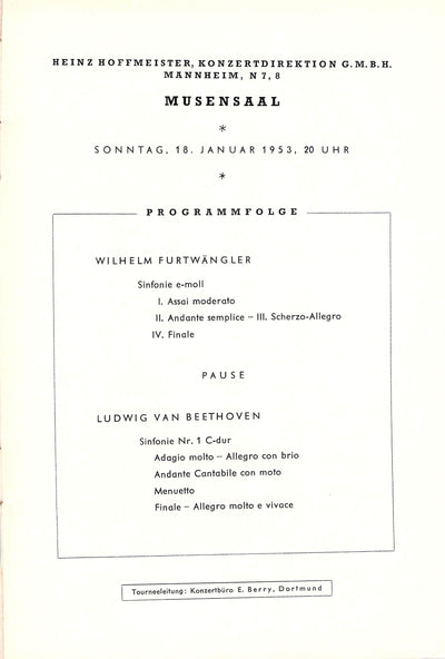 Furtwangler, Wilhelm - Concert Program Manheim 1953