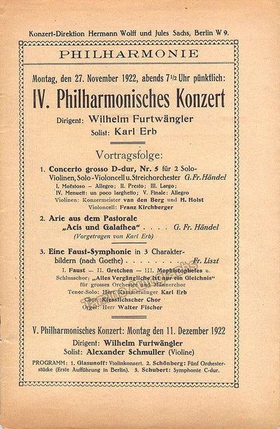 Furtwangler, Wilhelm - Flesch, Carl - Schmuller, Alexander -  Berlin Philharmonic - 2 Programs 1922-1923
