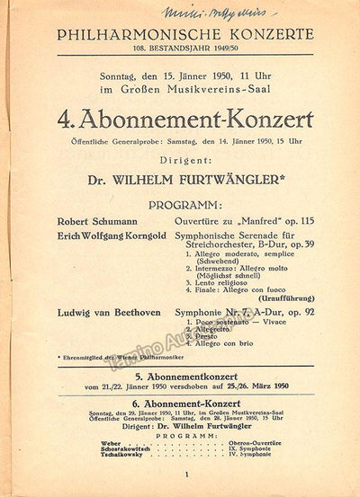 Furtwangler, Wilhelm - World Premiere Program "Symphonic Serenade for Strings" (Erich Korngold) 1950