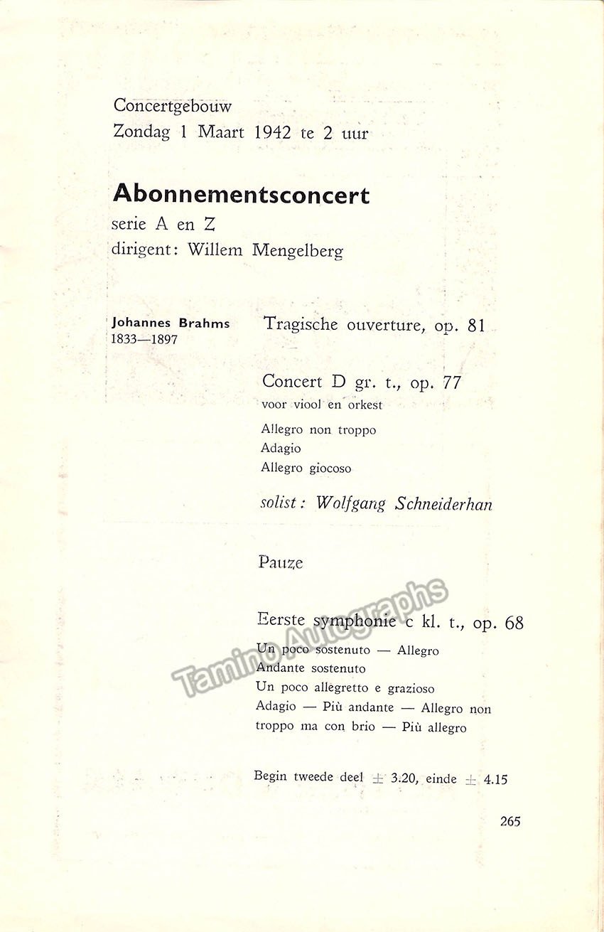 Schneiderhan, Wolfgang - Concert Program Amsterdam 1942 - Willem Mengelberg
