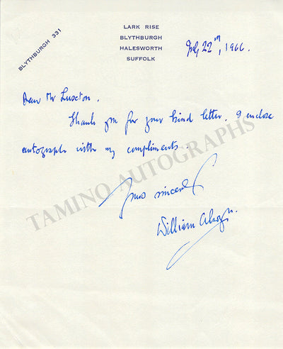 Alwyn, William - Autograph Note Signed 1966