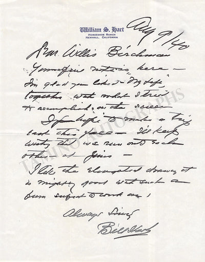 Hart, William S. - Autograph Letter Signed 1940