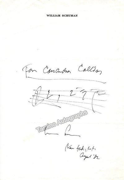 Schuman, William - Autograph Music Quote Signed 1982