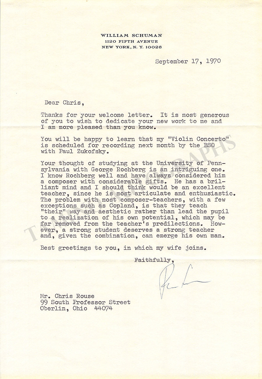 Schuman, William - Typed Letter Signed 1970
