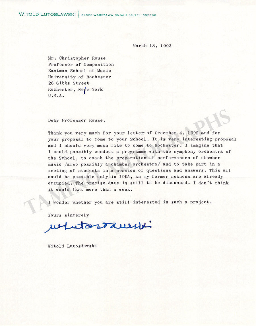 Lutoslawski, Witold - Typed Letter Signed 1993