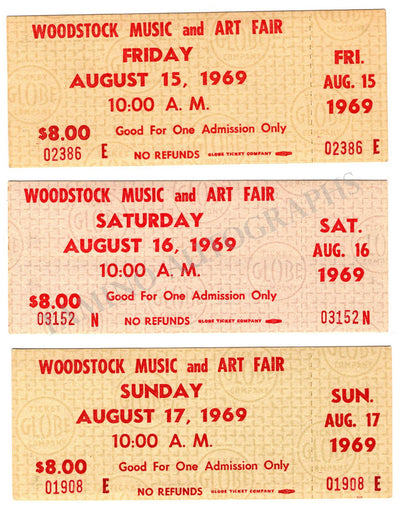 Woodstock Festival 1969 - Set of 3 Original Tickets