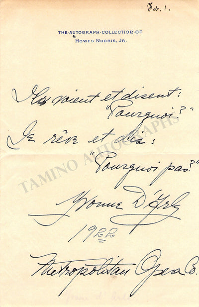 D'Arle, Yvonne - Autograph Note Signed 1922