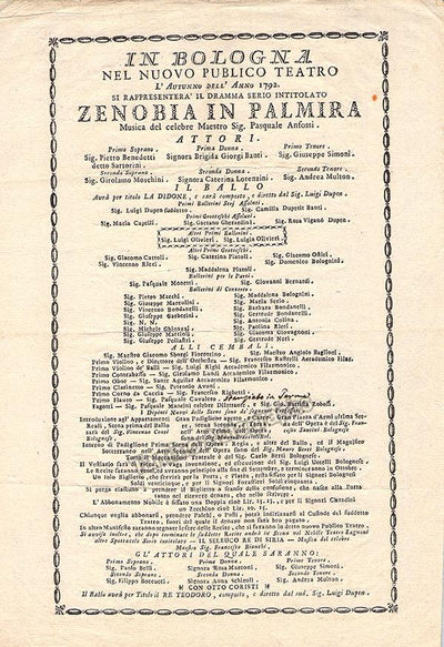 Zenobia in Palmira - Bologna 1792 Playbill with Several Castrati