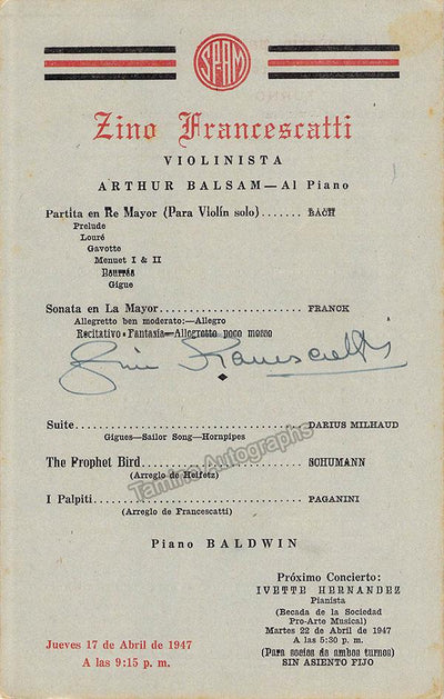 Francescatti, Zino - Signed Program Havana 1947