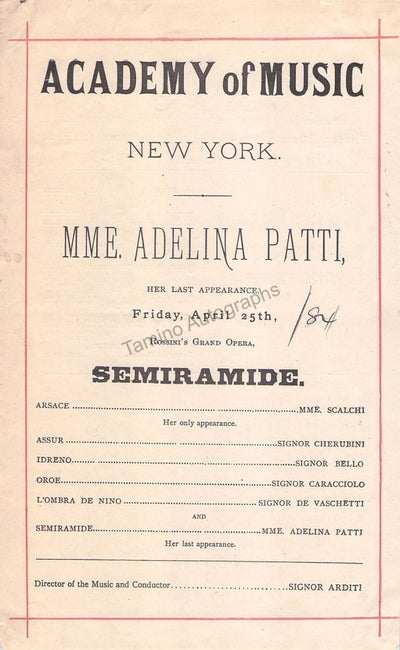 Academy of Music - Adelina Patti and Etelka Gerster Playbills 1884