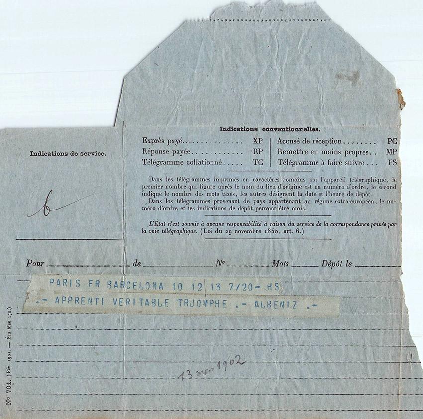 Albeniz, Isaac - Telegram to Paul Dukas 1902 - Tamino