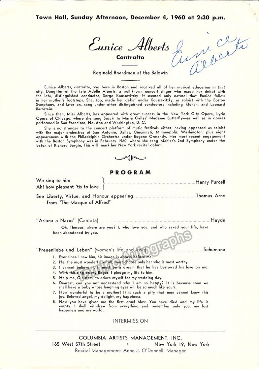 Alberts, Eunice - Signed Program New York 1960