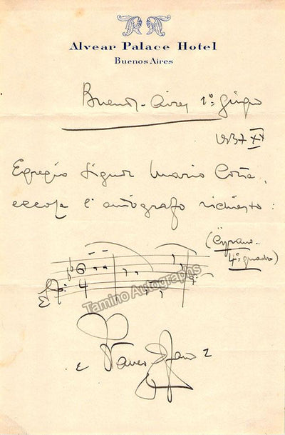 Alfano, Franco - Autograph Note Signed & Music Quote 1937