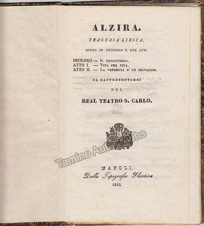 Alzira, Opera by Verdi - World Premiere Program-Libretto 1845