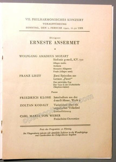 Ansermet, Ernest - Berlin Philharmonic Concert Program 1942