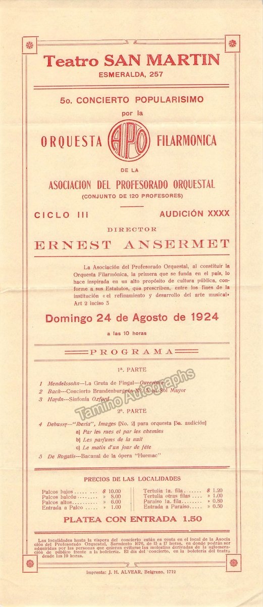 Ansermet, Ernest - Concert Playbill 1924 - Tamino