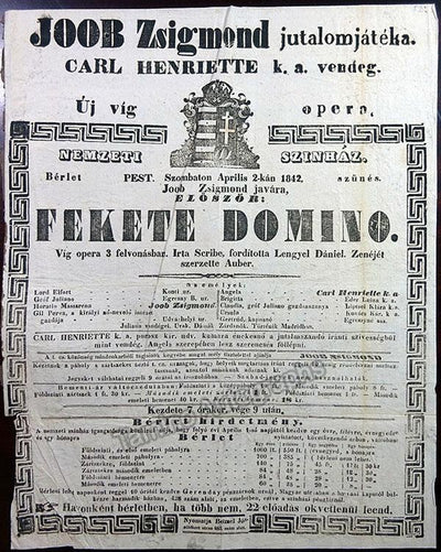 Auber, Daniel-Francois - Playbill "Le Domino Noir" Budapest 1842