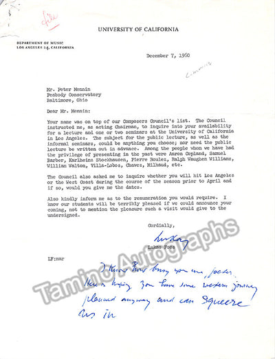 Foss, Lukas - Lot of 2 typed letters signed