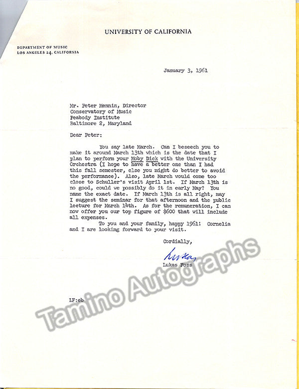 autograph foss lukas lot of 2 typed letters signed 2