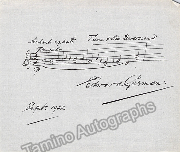 German, Edward - Autograph Music Quote Signed 1922