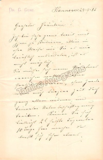 Gunz, Gustav - Autograph Letter Signed 1882