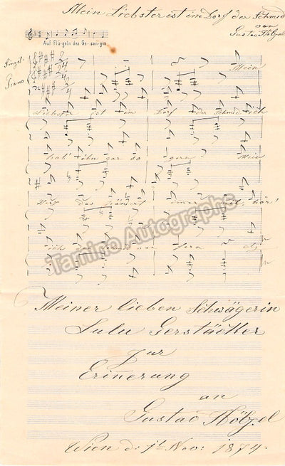 Holzel, Gustav - Autograph Music Quote Signed 1874