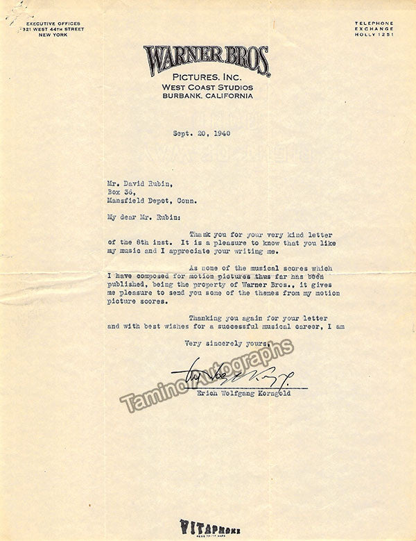 Korngold, Erich - Typed Letter Signed 1940