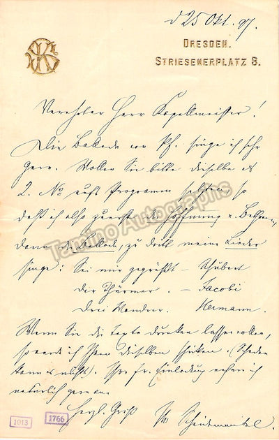 Scheidemantel, Karl - Autograph Letter Signed 1897