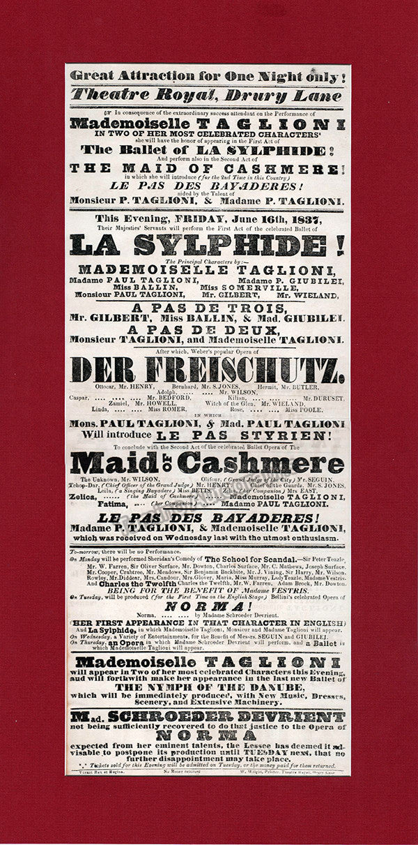 autograph taglioni marie extra large playbill theatre royal london 1837 1