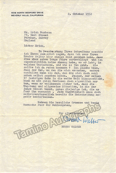 Walter, Bruno - Typed Letter Signed 1952