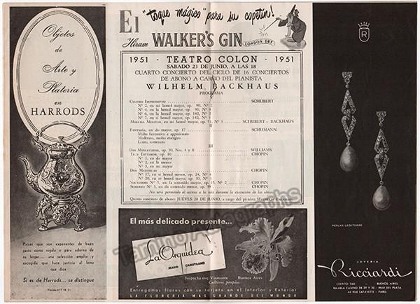 Backhaus, Wilhelm - 4 Concert Programs - Teatro Colón, Buenos Aires, 1 ...