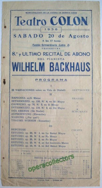 Backhaus, Wilhelm - Concert at Teatro Colon 1938