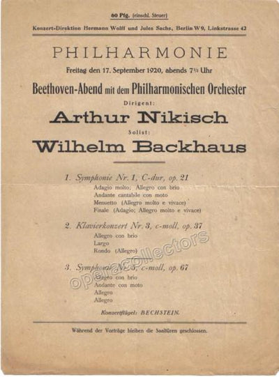 Backhaus, Wilhelm - Concert Program 1920