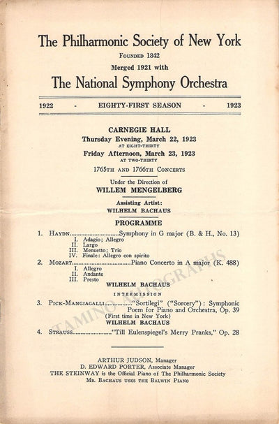 Backhaus, Wilhelm - Concert Program New York 1923