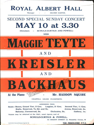 Backhaus, Wilhelm - Kreisler, Fritz - Teyte, Maggie - Program Circa 1910.