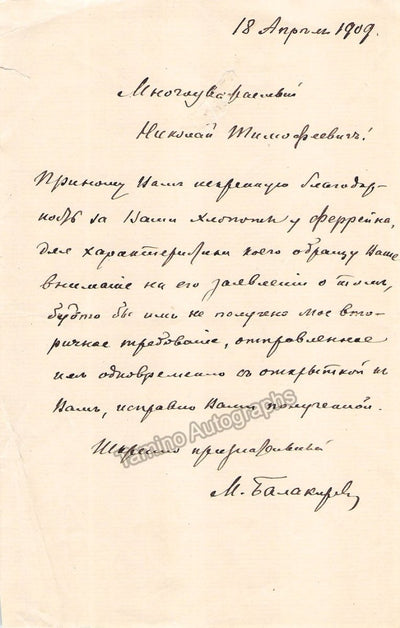 Balakirev, Mily - Autograph Letter Signed 1909