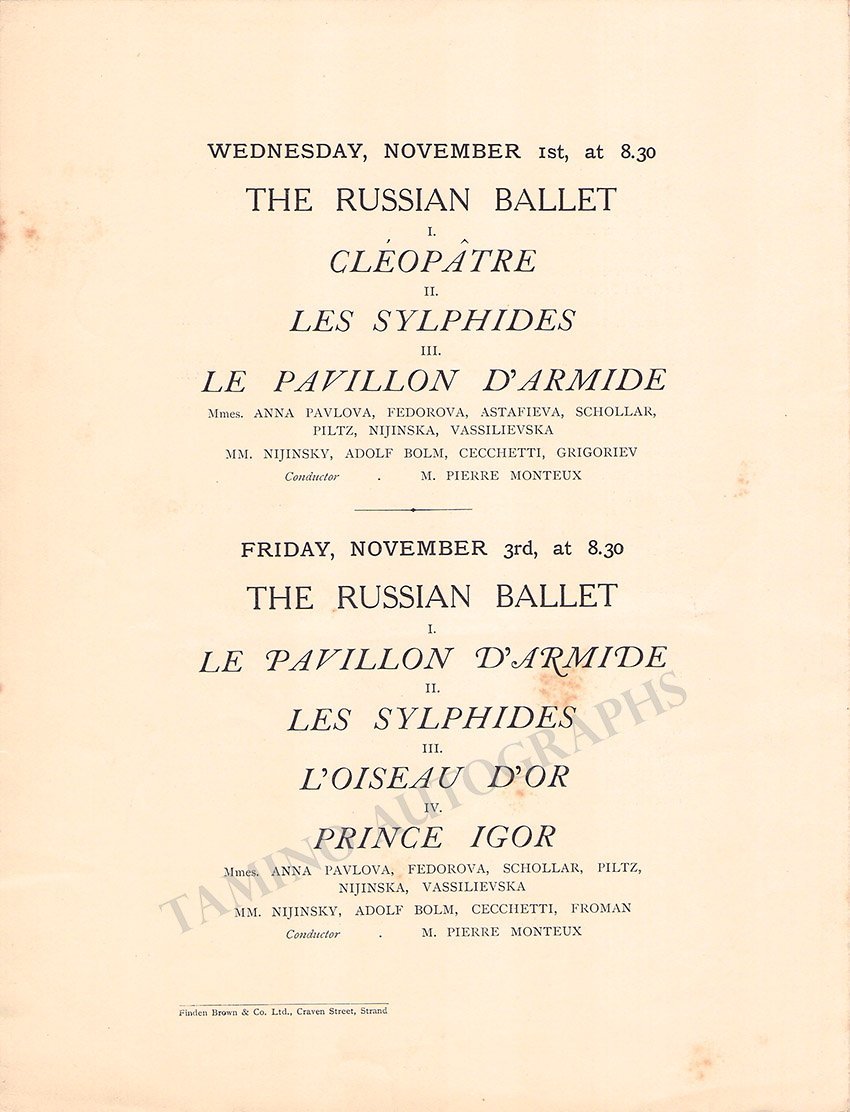 Ballet Russe - Program with Pavlova & Nijinski London 1911 - Tamino