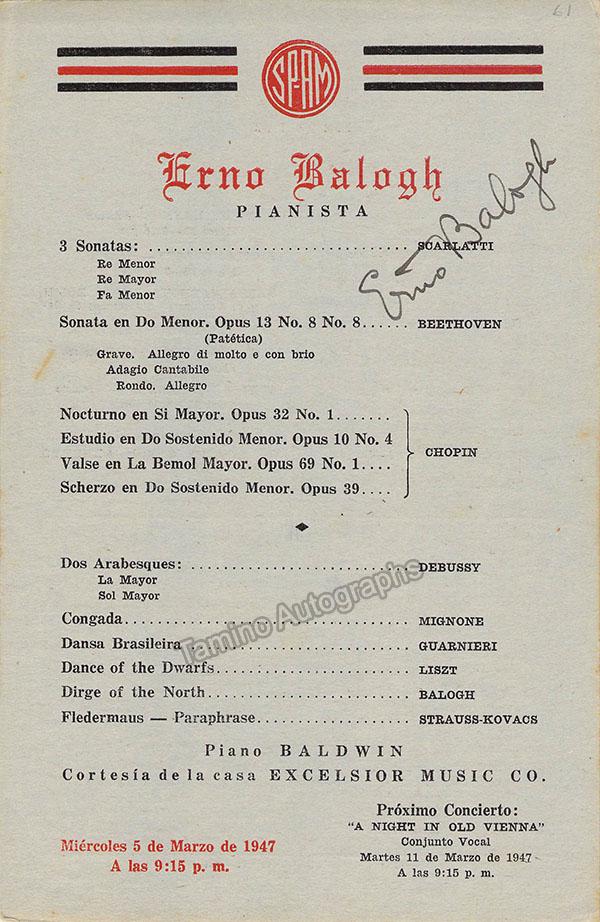 Balogh, Erno - Signed Program Havana 1947 - Tamino