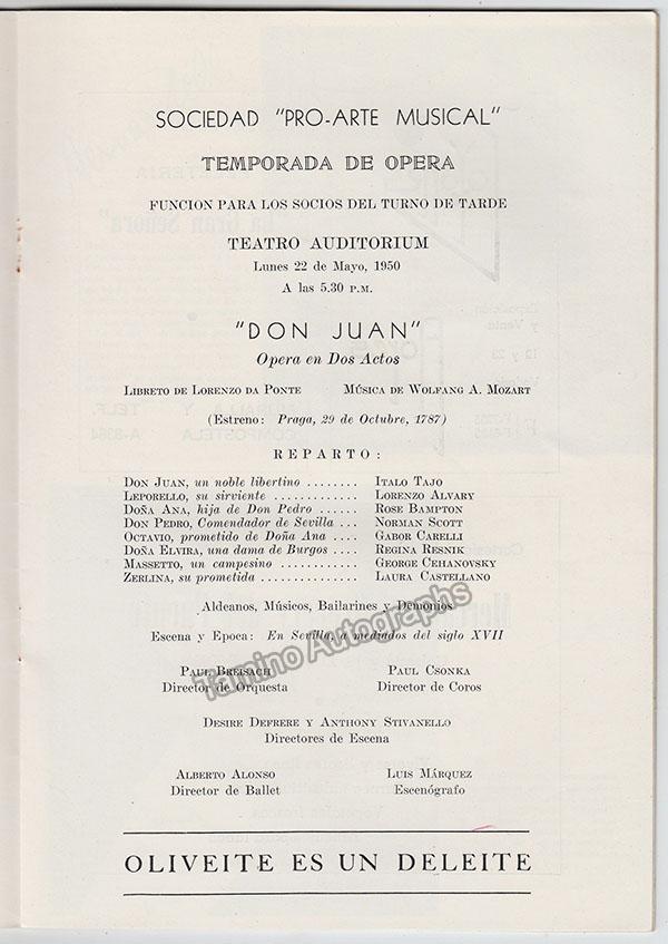 Bampton, Rose - Tajo, Italo - Resnik, Regina - Scott, Norman - Carelli, Gabor - Signed Program Havana 1950 - Tamino