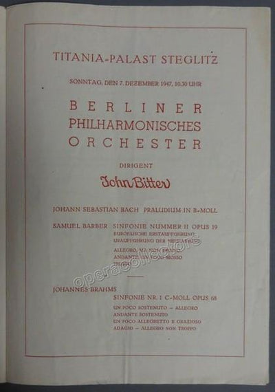 Barber, Samuel - Bitter, John - World Premiere Program 2nd Symphony (revised version) 1947