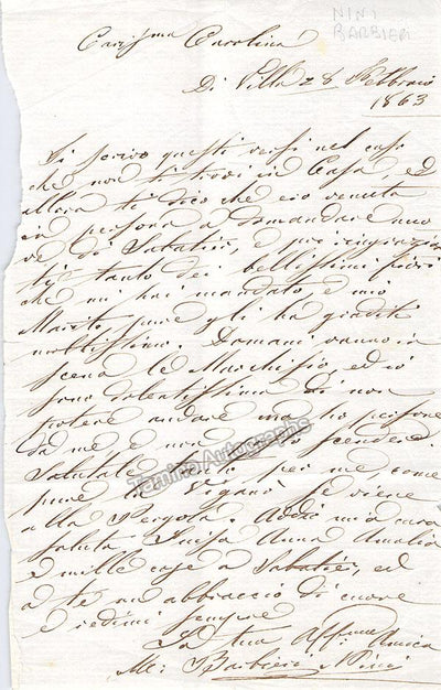 Barbieri-Nini, Marianna - Autograph Letter Signed 1863 + Portrait
