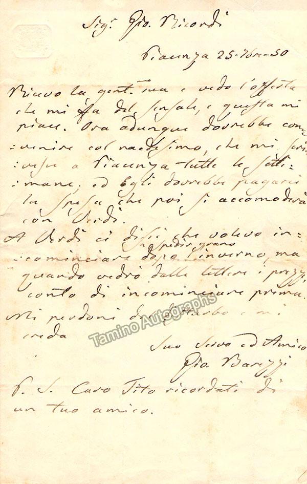 Barezzi, Antonio - Autograph Note Signed 1850 - Tamino