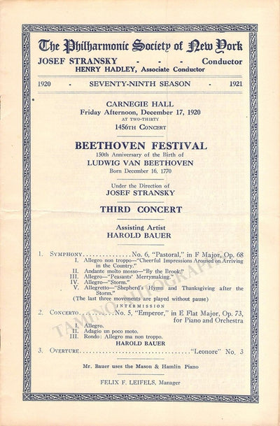 Bauer, Harold - Concert Program Carnegie Hall 1920