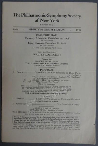 Bauer, Harold - Damrosch, Walter - Carnegie Hall Concert Program 1928