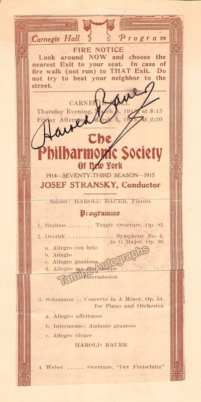 Bauer, Harold - Signed Clip Carnegie Hall 1915